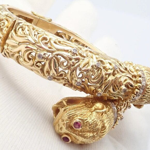 Rare Ilias Lalaounis 18k Yellow Gold Double Chimera Diamond Ruby Bangle Bracelet - Picture 8 of 16